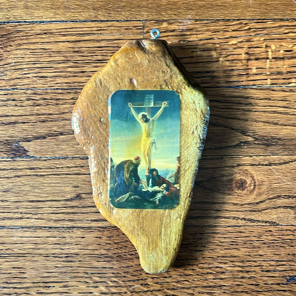 Weird vintage 1970s Jesus Handmade Wooden Christmas Ornament 8”